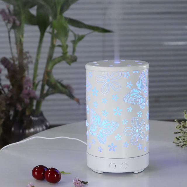 Innovative 120ml Ultrasonic Air Humidifier Essential Oil Diffuser 7LED Light Metal New Butterfly Pattern Aroma Diffuser 200ml YS