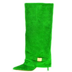 Botines de tacón alto fino con punta, estilo superpuesto, de gamuza, para mujer, con decoración metálica, hasta la rodilla - Product Image 3