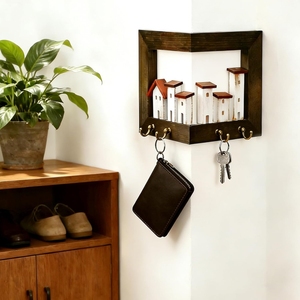 Porte-clés mural Art Déco 3D en bois rustique avec 4 crochets pour salon, salle de bain, entrée, couloir - Product Image 2