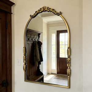 Luxe vintage gegraveerde boogspiegel, gouden sierlijk ijzeren frame decoratieve spiegel voor entree woonkamer - Product Image 6