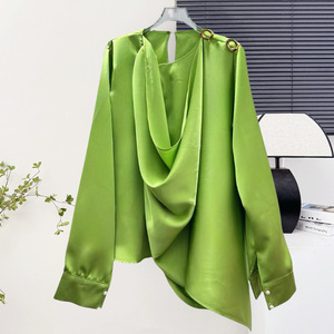 Atasan Wanita Elegan, Blus Kasual Musim Gugur dengan Kerah V, Lengan Panjang, Model Longgar - Product Image 5