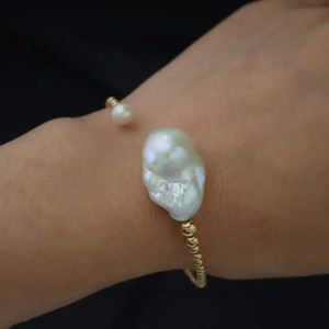 14K Gold Filled <b>Beaded</b> Open Cuff <b>Bracelet</b> Handcrafted High Luster Natural Baroque Freshwater Pearl Asymmetrical Bangle for Women - Product Image 4