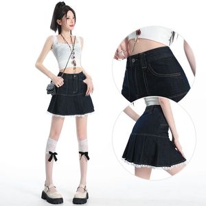 American-style Retro <strong>Denim</strong> Short <strong>Skirt</strong> Lady, Lace New Floral Ruffled High-waisted Half-<strong>length</strong> Dress - Product Image 1