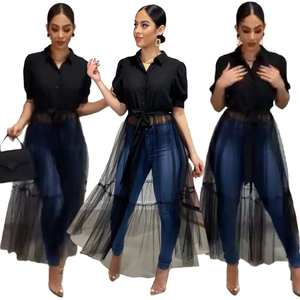 Nouveau Sexy noir Blouse femmes manches chemises été mode demi manches dentelle maille longue volants Blouse hauts - Product Image 1