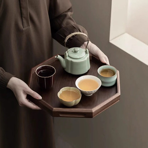 Solid Wood Octagonal <b>Tea</b> <b>Tray</b> Walnut Color Serving Platter For Coffee <b>Tea</b> Fruit Snack Household Use - Product Image 2