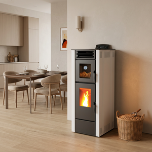 KTC0801A Wifi télécommande en acier noir biomasse poêle à granulés de <span class=keywords><strong>bois</strong></span> <span class=keywords><strong>avec</strong></span> four cheminée de cuisson à granulés pour un usage domestique - Product Image 1