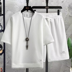 Ensemble T-shirt et short décontracté pour homme, tricot gaufré, manches courtes, grande taille, imprimé formel, coupe ample - Product Image 5