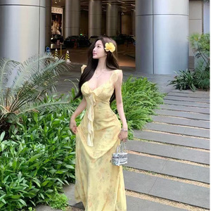 Yellow Floral Print Sundress Sweetheart Neck Long Dress Tight Waist Slimming Holiday Celebration Leisure Wear - Product Image 3