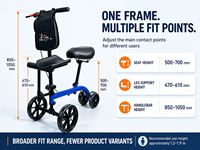 Déambulateur assis à quatre roues avec support de jambe réglable, selle à ressort et frein arrière synchrone