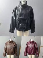 ZHEZHE Fashion, veste en cuir PU à col roulé pour femmes, haut de gamme, automne-hiver, manches longues, fermeture éclair, style unique