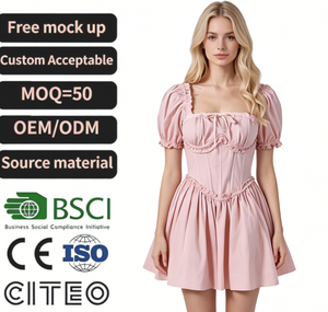 Abito Mini da Donna Rosa con Scollo <span class=keywords><strong>Quadrato</strong></span>, Maniche a Sbuffo, Corpetto Arricciato e Gonna a Trapezio - Vestito Corto Dolce e Romantico per Appuntamenti, Feste e Uso Quotidiano - Product Image 1
