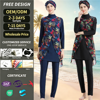 Groothandel OEM op maat gemaakte moslim zwemkleding voor vrouwen, bedrukt 4-delig volledig bedekkend zwempak rash guard burkini met afneembare hijab
