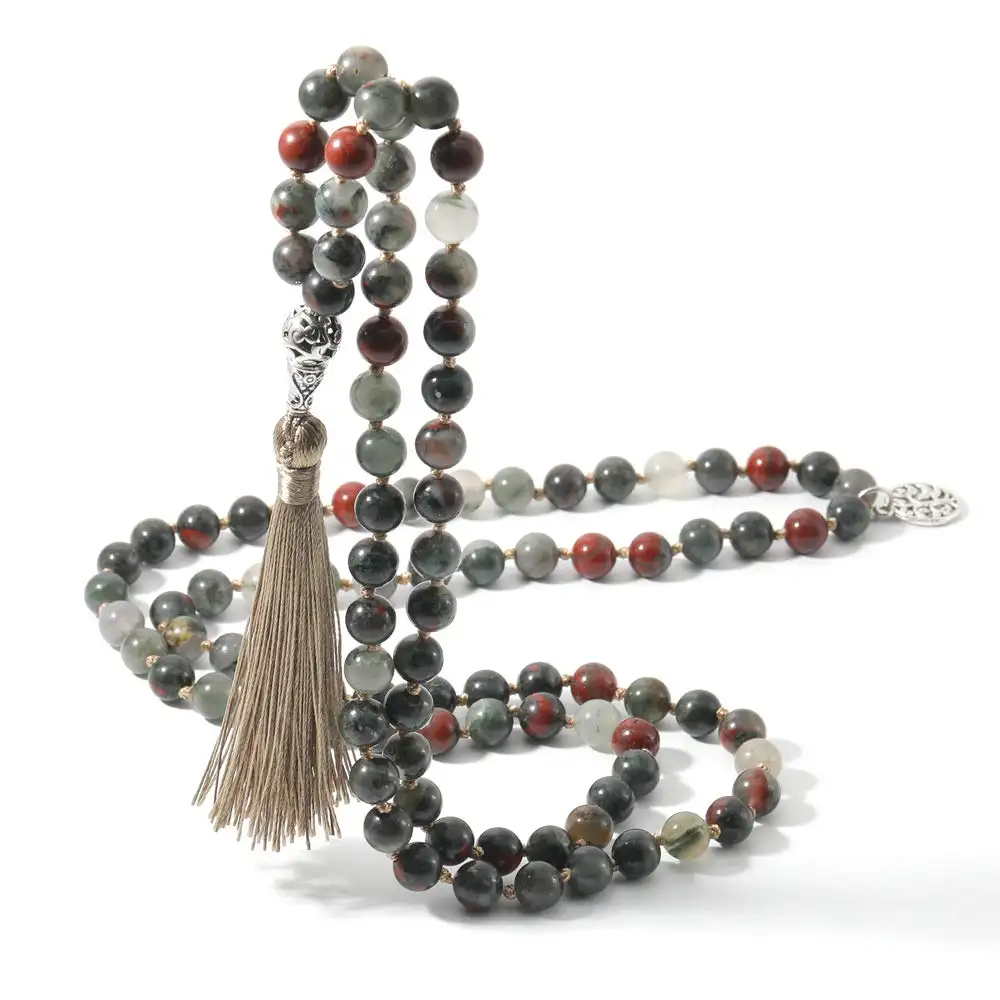 Grosir 8Mm Batu Akik India Batu Permata 108 Mala Beads Yoga Spiritual Perhiasan Panjang Batu Alam Chakra Rumbai Doa Bead Kalung