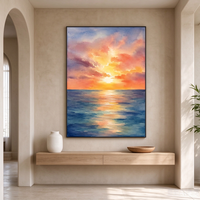 Grande Peinture Océanique Coucher de Soleil, Œuvre d'Art à l'Huile à l'Impasto Épais, Décoration Murale sur Toile Thème Plage et Côte, Décoration Moderne pour Entrée Paysage Marin au Coucher de Soleil