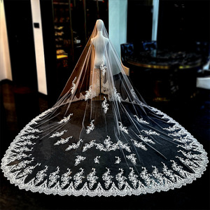 ROMANTIQUE monocouche longue grande queue voile de mariage voiture os dentelle Super lumineux voile de mariée - Product Image 1