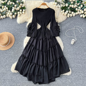 Vestido con Volantes y Decoración Floral para Mujer, Manga Larga, Cintura Plisada, Estilizador, Falda Amplia con Gran Vuelo - Product Image 4