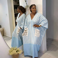 Robe Boubou Kaftan décontractée à rayures bleues pour femmes musulmanes, Abaya ample, Robe de soirée africaine avec poches en dentelle