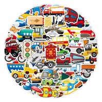 Priwell – Lot de 50 autocollants adhésifs en vinyle PVC, motif dessin animé voiture et circulation, pour cahiers, gobelets, bouteilles, valises