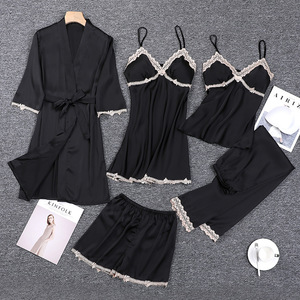 Conjunto de pijama de cinco piezas de imitación de seda negra, estilo europeo y americano, a la moda y cómodo, al por mayor. - Product Image 3