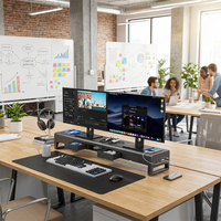 Support de moniteur double tout-en-un élégant de 110 cm avec tiroirs de rangement dissimulés et hub de charge pour appareils électroniques