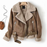 Blouson en cuir pour femmes, vêtement à col rabattu, poches à fermeture éclair, doublure polaire, sangle de taille, fourrure, chamois,
