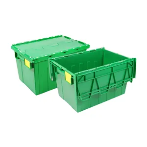 卸売60L出荷コンテナプラスチック収納ビン固体移動クレート付属蓋コンテナ工業用収納ボックス