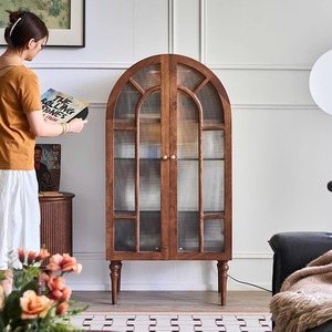 Vetrina ad Arco Antica Stile Mid-Century, Mobile Contenitore Retrò Francese in Legno Massello con Ante in <span class=keywords><strong>Vetro</strong></span>, Libreria Elegante per Soggiorno - Product Image 2