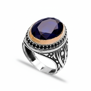 Sapphire Gemstone Ottoman Style Authentic <b>Men</b> <b>Ring</b> Turkish Wholesale Handmade 925 Sterling <b>Silver</b> - Product Image 2