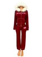 Nouveauté 2026 Ensemble 2 pièces pour femme en coton tricot gaufré : Veste courte et pantalon évasé, avec bordure en fourrure, style streetwear