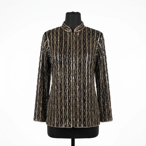 Sparkling Gold Stripe Black <b>Jacket</b> for Women Enhanced with Hand Embellished <b>Sequin</b> Work Elegant Designer Inspired Outerwear - Product Image 1