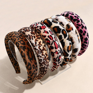 Vintage <b>Leopard</b> Print Custom Logo Soft Velvet Sponge Hair Band for Women Retro Elastic Wide Fabric <b>Headband</b> - Product Image 1