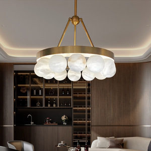 Lámpara colgante de campanas de viento redonda, candelabro de alabastro con marco de cobre español - Product Image 2