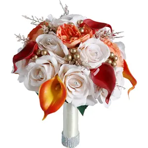 כלה מחזיק פרח oranged עלה שושן calla עם פרל כלה פרח זר חתונה צילום עיצוב הבית