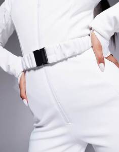 Ensemble de combinaison de <span class=keywords><strong>ski</strong></span> d'hiver pour femme, coupe ajustée, design ceinturé, style jambe évasée, capuche garnie de fausse fourrure, blanc - Product Image 3