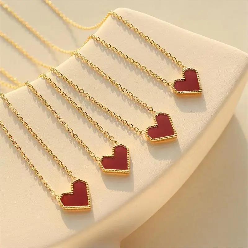 Vintage Acrylic 18k Gold Filled Mini Red Heart Agate Necklace New Titanium Steel Love Choker Women Gift For Girlfriend Jewelry