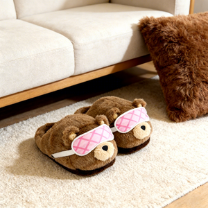 Pantoufles en peluche ours brun mignon de dessin animé avec masque pour <span class=keywords><strong>les</strong></span> yeux rose amovible, en coton doux et mousse à mémoire de forme, pantoufles d'intérieur - Product Image 2