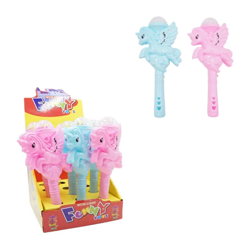 Factory Direct Cheap Best selling High quality plastic flashing lovely horse pony music magic wand with candy toy candy for kids