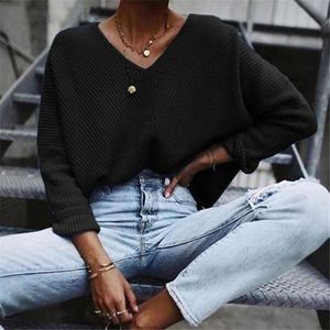 Suéteres de punto azules para mujer de otoño e invierno, suéteres transpirables con logotipo frontal coreano informal de manga larga con cuello en V - Product Image 2