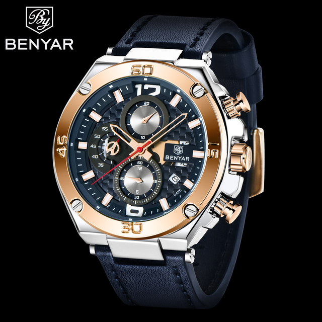 Latest Luxury Sport Brand Benyar Mechanical Chronograph Alloy Wrist Watch with Genuine Leather Strap Water Resistant