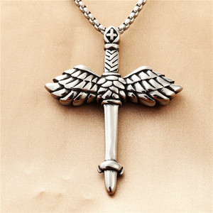 <b>Cross</b> Pendant Necklace Stainless Steel Men's Angel Wings Sword Design Punk Retro Style Fashion Jewelry - Product Image 2