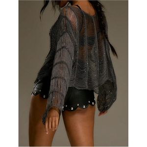 Haut transparent en maille scintillante pour femme, style Y2K, pour soirée, club, rave, pull à manches longues, haut tendance transparent - Product Image 2