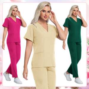 Unisex <b>Scrub</b> Set Short Sleeve Solid Color Work Uniform For Hospital Nurses Beige Green Rose Red Navy <b>Blue</b> <b>Blue</b> Size S XXL - Product Image 1