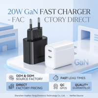 Chargeur rapide HNT 20W GaN avec 2 ports Type-C PD 3.0 Certifié CE FCC Adaptateur mural pour ordinateurs portables et tablettes Prise US EU