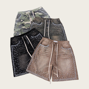 מכנסי ג'ינס קצרים לגברים, בגזרה בינונית, עם הדפס וינטג' בהתאמה אישית, מבד דנים נושם, לקיץ, עם אבני חן, מיצרן בגדי רחוב. - Product Image 1