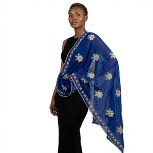Women Navy Blue <b>Chiffon</b> Viscose Shawl Floral Embroidered Rhinestone Lightweight Breathable Ethnic <b>Scarf</b> Modest Wear Daily Wrap - Product Image 3