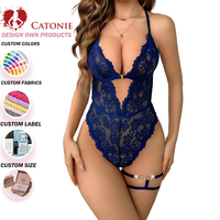 Body Teddy Grande Taille en Dentelle à Coupe Triangulaire Profonde en V, Lingerie Transparente en Maille avec Dos Nu Croisé et Anneau de Jambe