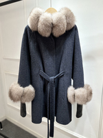 Manteau en laine mélangée Janveny 2026 pour femme, nouvelle collection hiver, avec col et poignets en fourrure naturelle véritable, ceinturé, mi-long, veste thermique en laine, vêtement d'extérieur