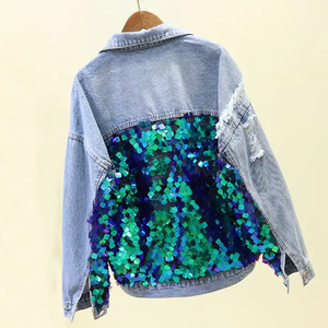 Áo khoác denim đính sequin thiết kế độc đáo thời trang cá tính, áo khoác denim sequin đã qua xử lý giặt mềm dành cho nữ, sản xuất tại Trung Quốc - Product Image 2