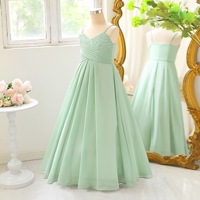 Gaun Formal Anak Perempuan Warna Hijau Muda OEM, Tali Spaghetti, Model A-Line, Bahan Satin, untuk Pesta Liburan, Gaun Putri, Gaun Ulang Tahun Anak