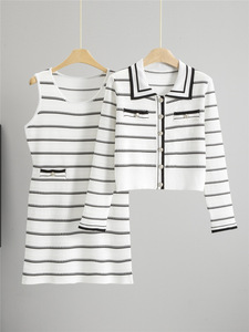 Ensemble deux pièces élégant en tricot rayé pour <span class=keywords><strong>femme</strong></span>, cardigan à col <span class=keywords><strong>marin</strong></span>, robe moulante sans manches, tenue décontractée pour tous les jours - Product Image 3